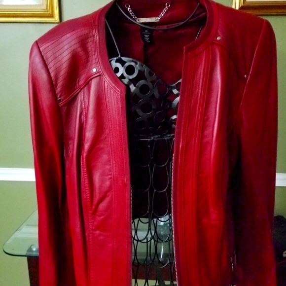 Red Leather waist length jacket - Picture 1 of 2